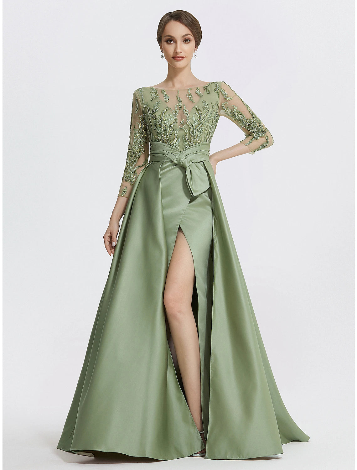 Luolandi A-Line Evening Gown Elegant Dress Formal Floor Length 3/4 Length Sleeve Jewel Neck Satin with Slit Embroidery